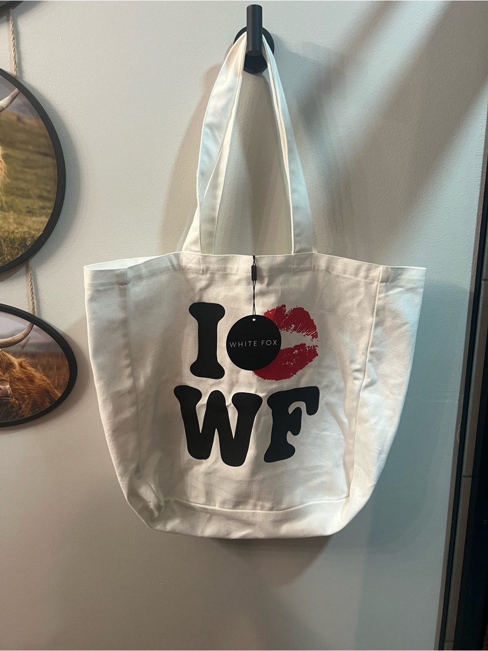 White Fox Boutique White Canvas Tote with Red Lip Graphic
